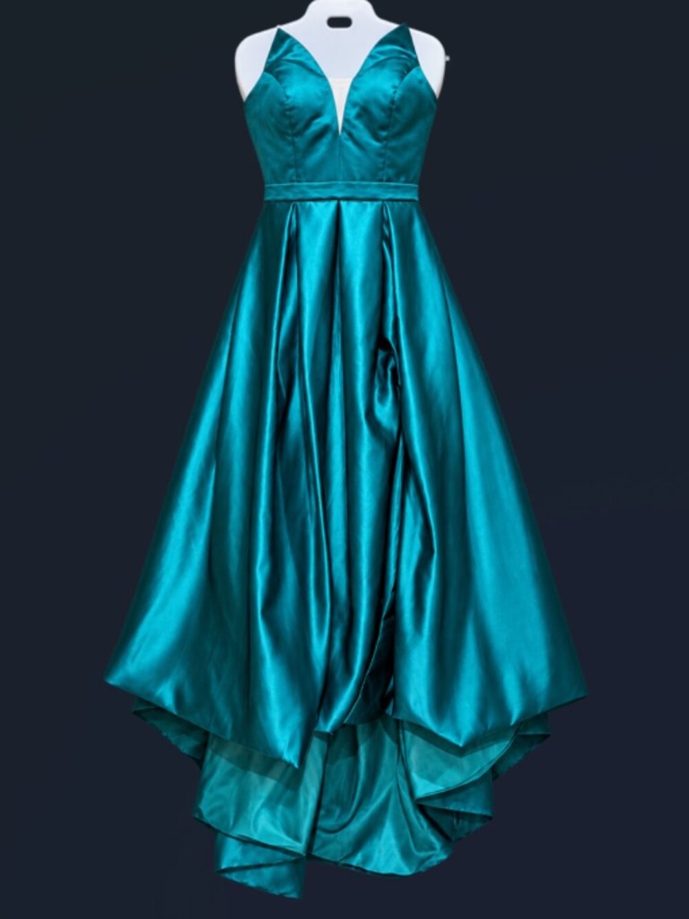 NWT HEBEOS Teal Satin High Low Prom Ball Gown Formal Dress Pockets